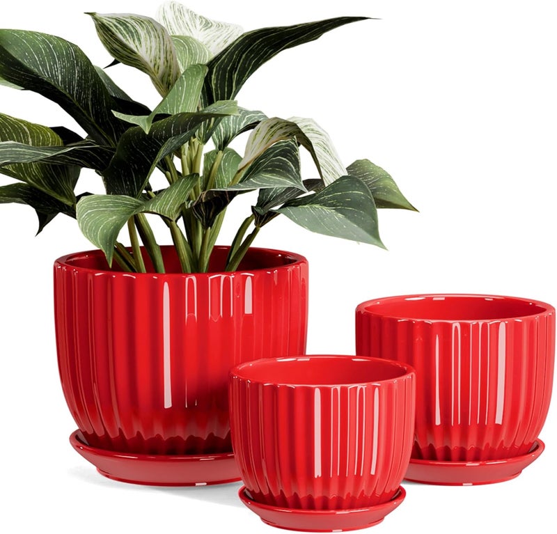 Ton Sin Ceramic Plant Pots - 4/5/6 Inch Red Planters Set of 3 with Drainage Holes and Saucer - Indoor Flower Pots for Plants Ceramic Planters for Indoor Gardening Succulent Pots - Image 1
